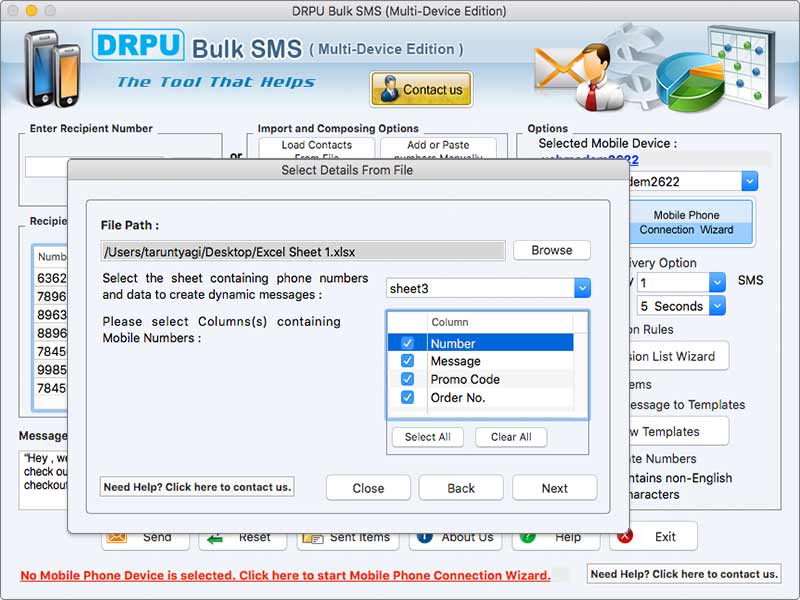 Mac Bulk SMS Software – Multi Device 10.3 : Main Window