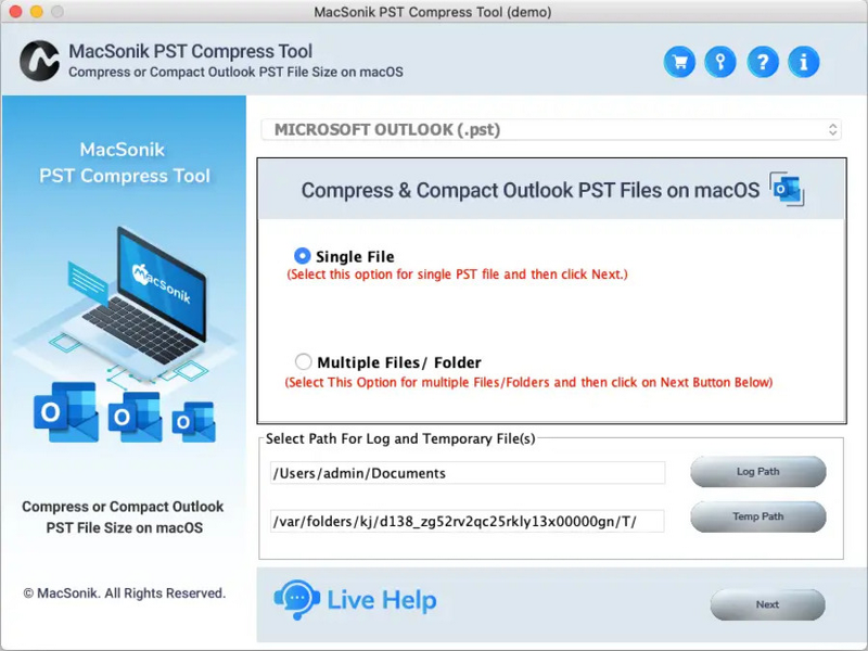 MacSonik PST Compress Tool 22.9 : Main Window