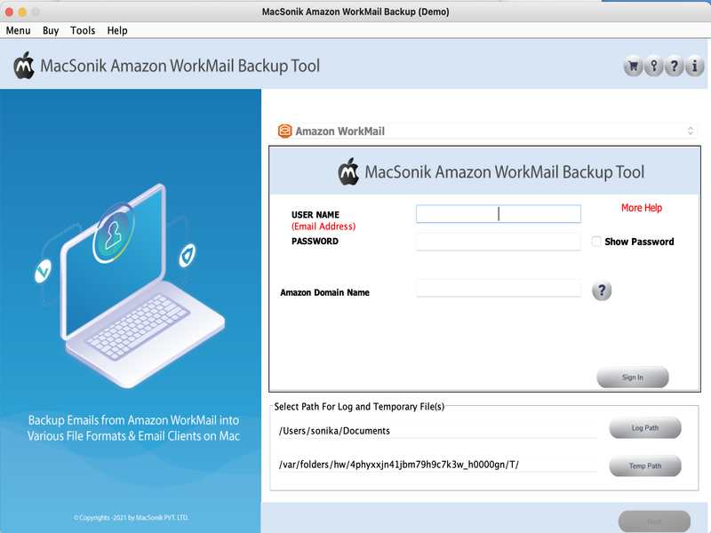 MacSonik Amazon WorkMail Backup Tool 22.10 : Main Window