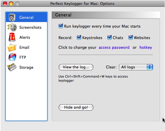 Install Perfect Keylogger for Mac 2.0 : Main window