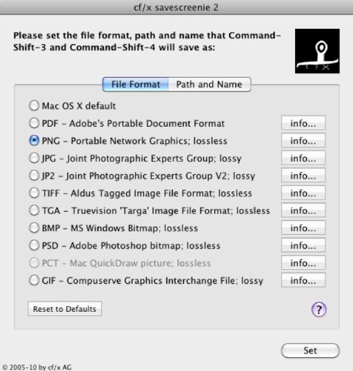 cf/x savescreenie 2.0 : Setting the file format