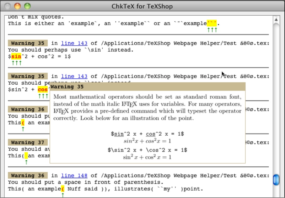 ChkTeX for TeXShop 1.4 : Main window