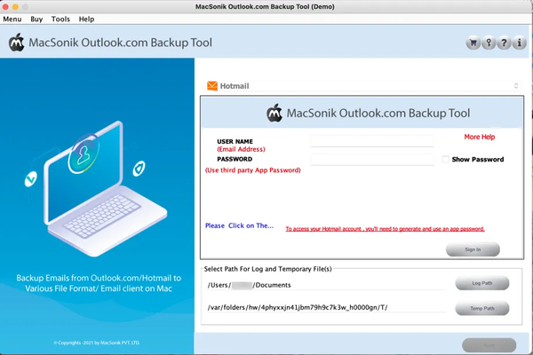 MacSonik Outlook Backup Tool 22.12 : Main Window
