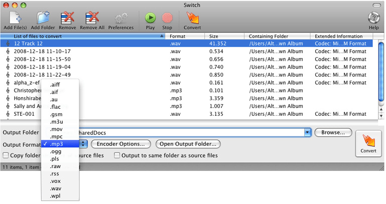 Switch Audio Converter for Mac 11.00 : Main Window