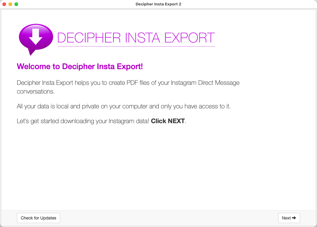 Decipher Insta Export 2.8 : Main Window