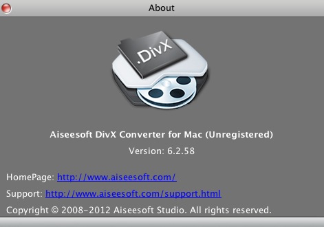 Aiseesoft DivX Converter for Mac 6.2 : About window