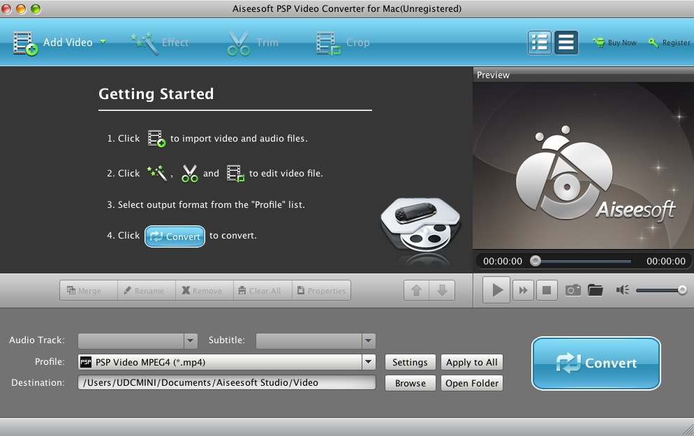 Aiseesoft PSP Video Converter for Mac 6.2 : Main window