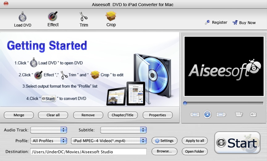Aiseesoft DVD to iPad Converter for Mac 1.0 : Main window