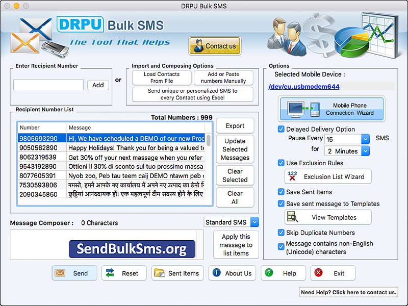 Mac Send Bulk SMS Software for GSM Mobile 6.7 : Main Window
