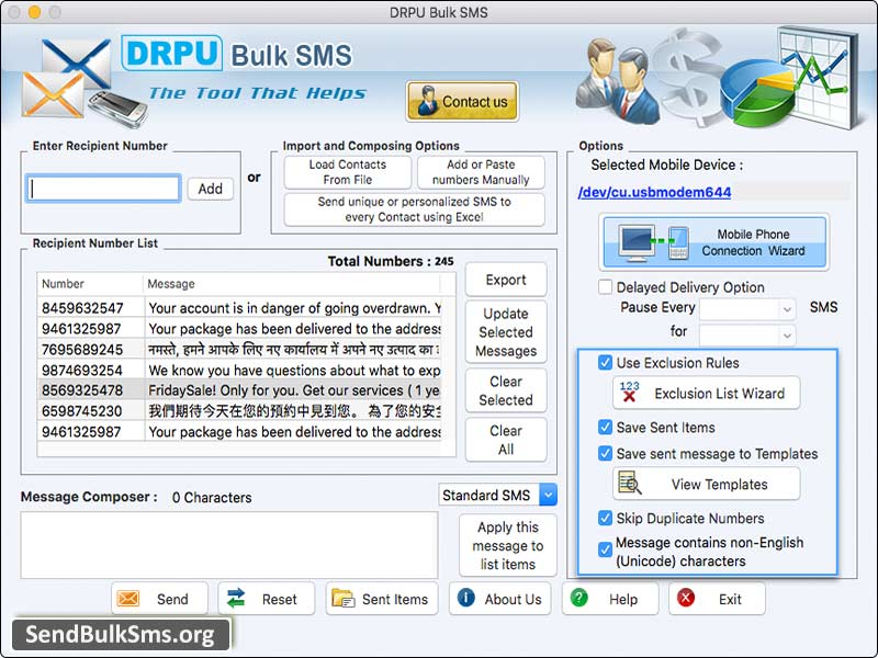 Mac Send Bulk SMS Software for Android Mobile 6.9 : Main Window