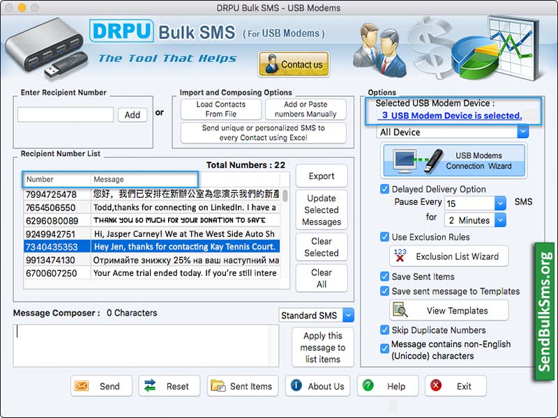 Mac Bulk SMS Software for USB Modem 6.9 : Main Window