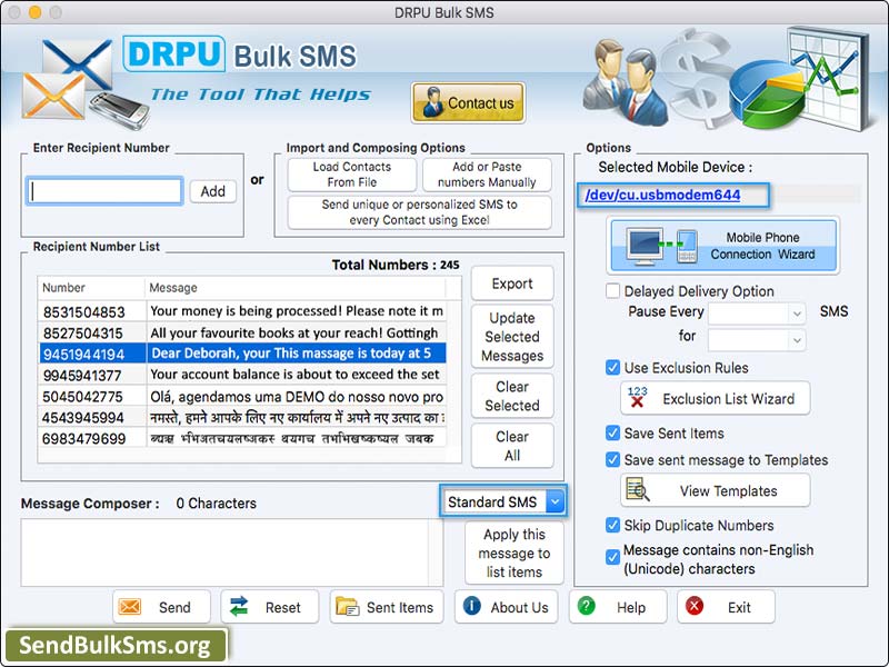 Mac Send Bulk SMS Software for GSM Mobile 6.8 : Main Window