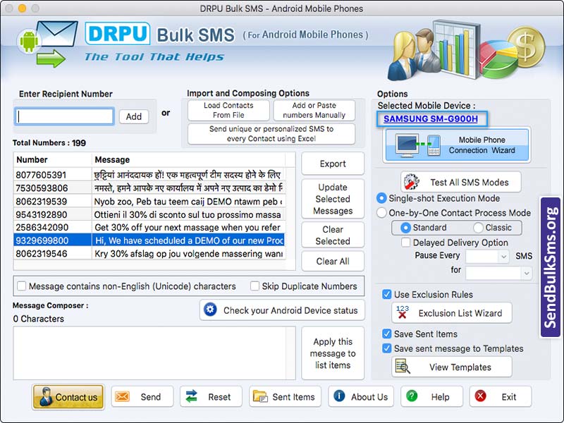 Mac Send Bulk SMS Software for Android Mobile 6.8 : Main Window