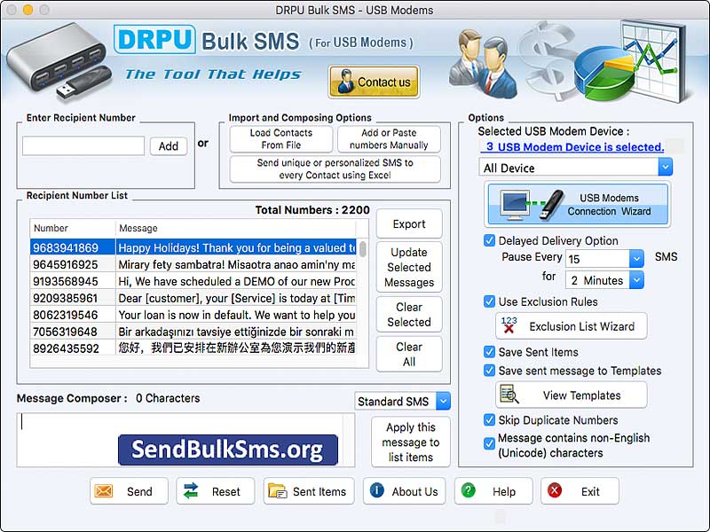 Mac Send Bulk SMS Software for USB Modem 6.7 : Main Window