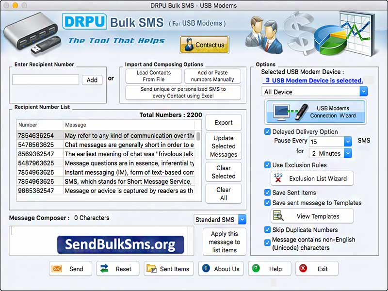 Mac Send Bulk SMS Software for USB Modem 6.8 : Main Window