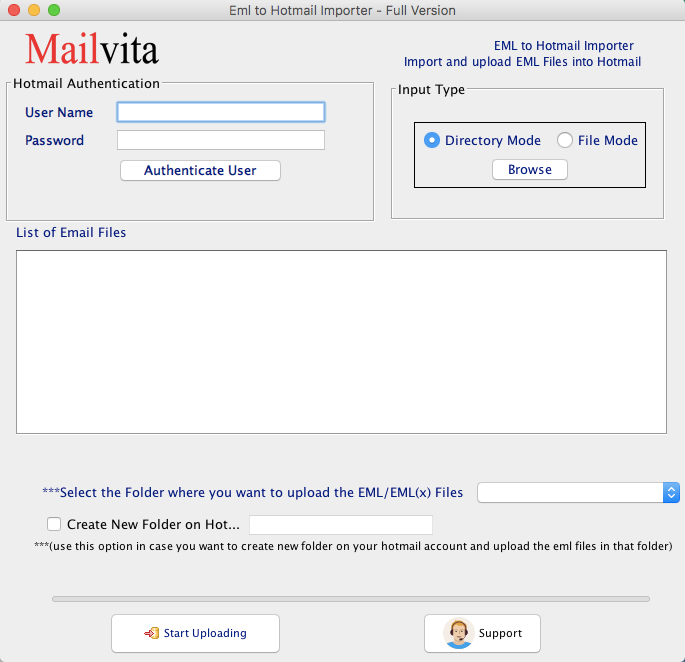 MailVita EML to Hotmail Importer for Mac 1.0 : Main Window