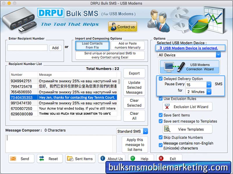 Mac Bulk SMS Mobile Marketing - USB Modems 8.3 : Main Window