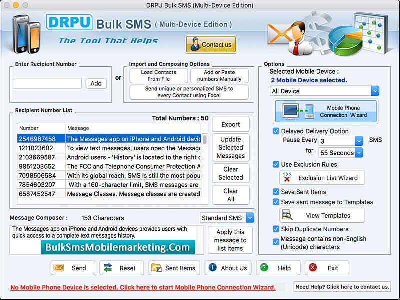 Mac Bulk SMS Mobile Marketing - Multi Device 8.3 : Main Window