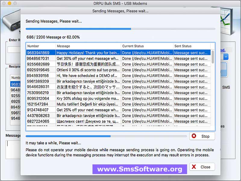 Mac USB Mac Bulk SMS Software for USB Modems 10.3 : Main Window