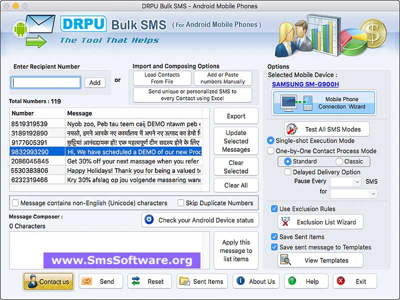 Mac Bulk SMS Software for Android Phones 10.3 : Main Window