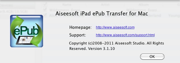 Aiseesoft iPad ePub Transfer for Mac 3.1 : About window