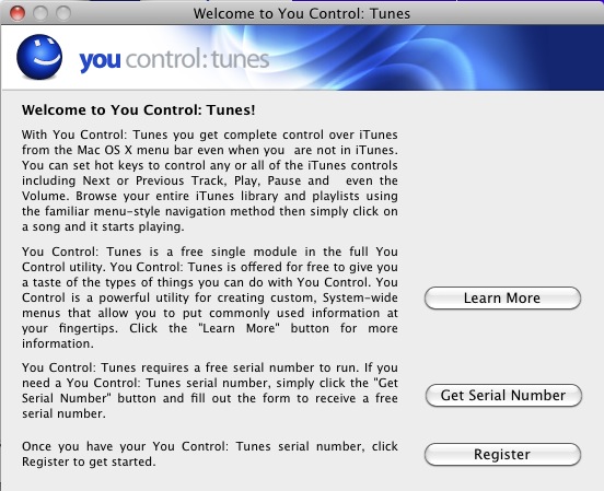 You Control Tunes 1.7 : Welcome screen