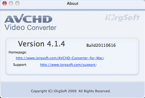 iOrgsoft AVCHD Converter for Mac 4.1 : About Window