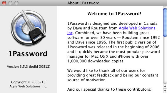 1Password - Password Manager and Secure Wallet 3.5 : About window