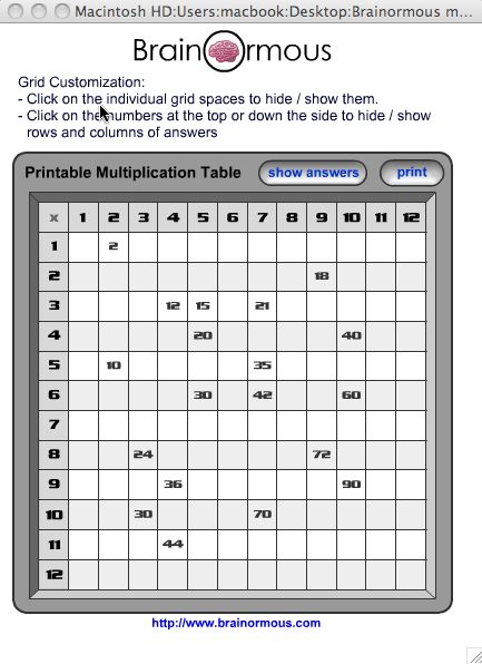 Brainormous multiplication table 9.0 : Main window