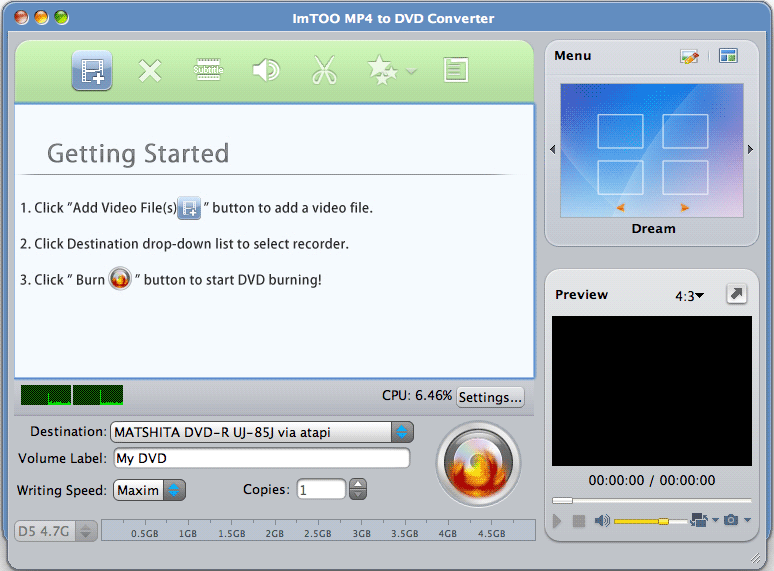ImTOO MP4 to DVD Converter 6.1 : Main Window