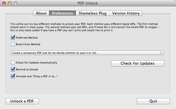 PDF Unlock 1.2 : Program Preferences