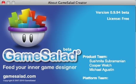GameSalad 0.9 beta : About window