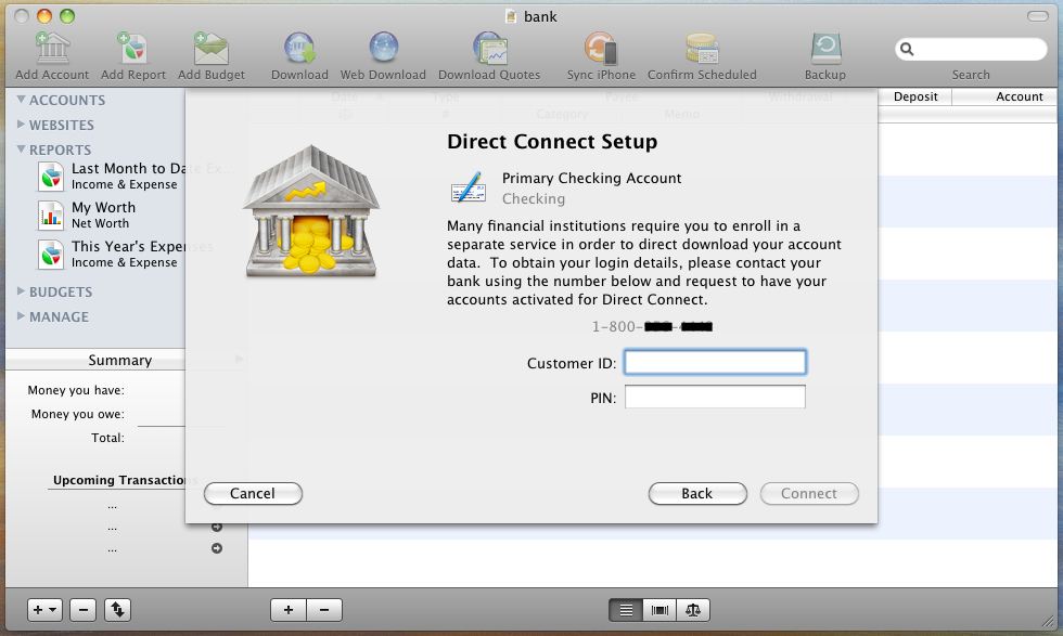 iBank : Direct Connect Dialog
