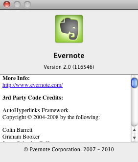 Evernote 2.0 : About window