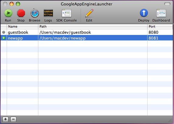 GoogleAppEngineLauncher 1.3 : Main window