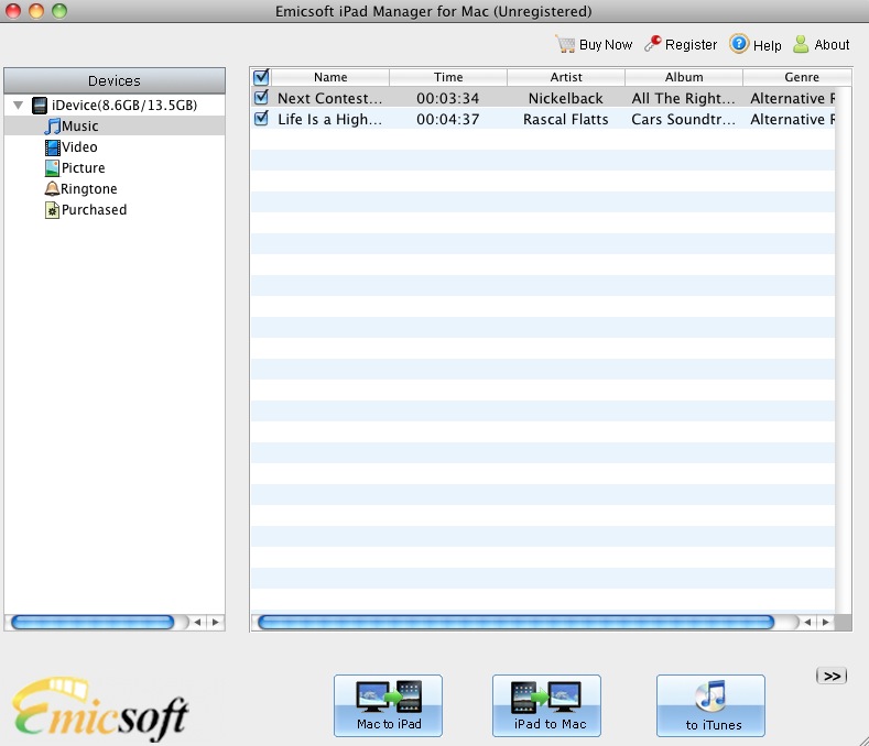 Emicsoft iPad Manager for Mac 3.1 : Main window