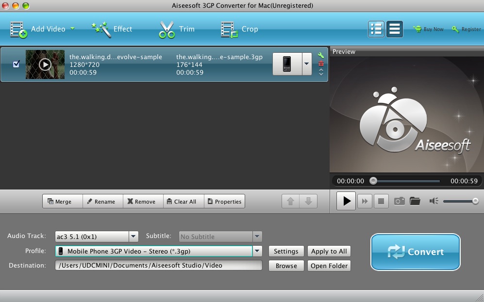 Aiseesoft 3GP Converter for Mac 6.2 : Main window