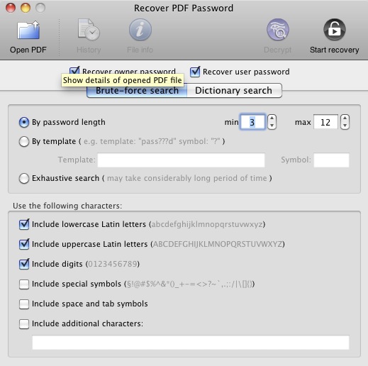 Recover PDF Password 3.0 : Main window