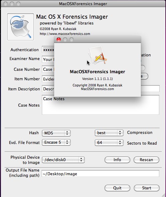 MacOSXForensics Imager : Main window