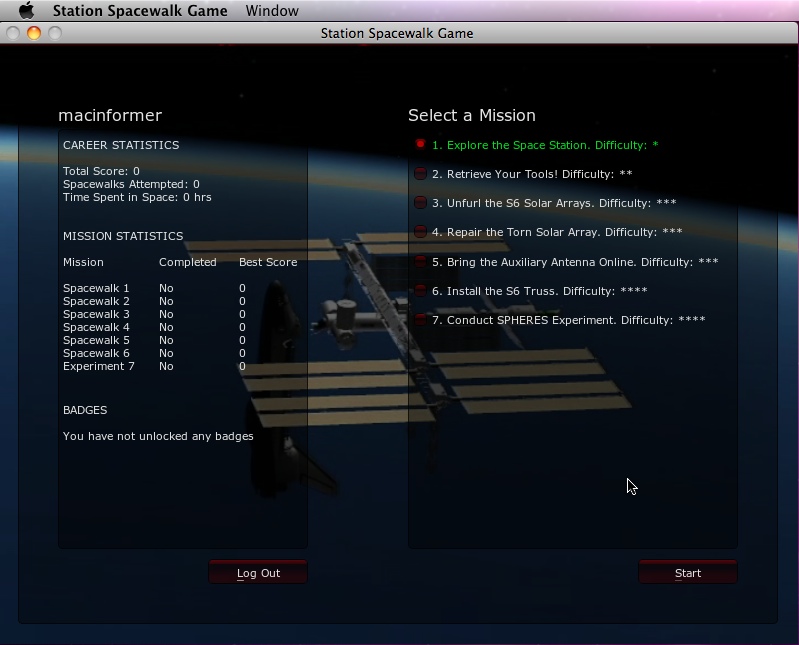 Station Spacewalk Game 1.0 : Main window