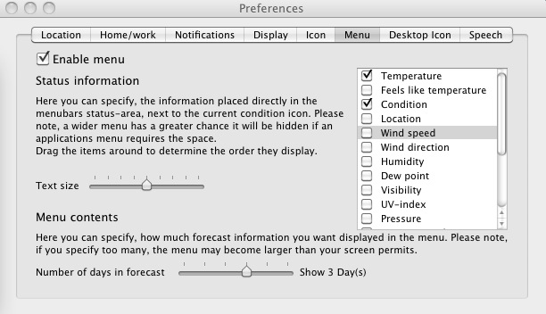 WeatherDock 2.5 : Menubar settings