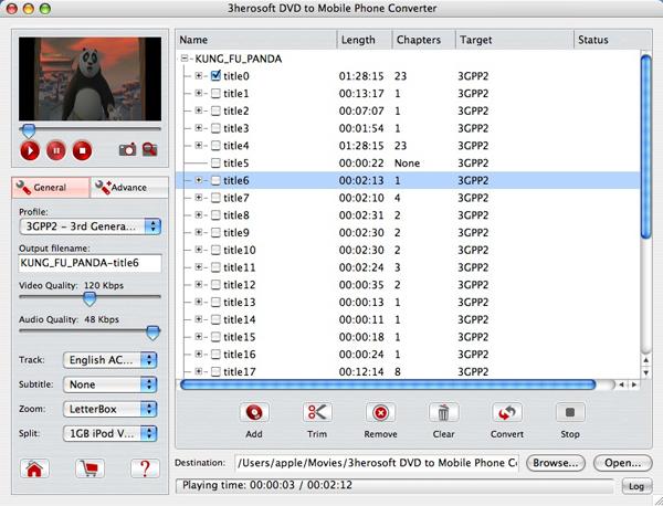 3herosoft DVD to Mobile Phone Converter 3.0 : Main Window