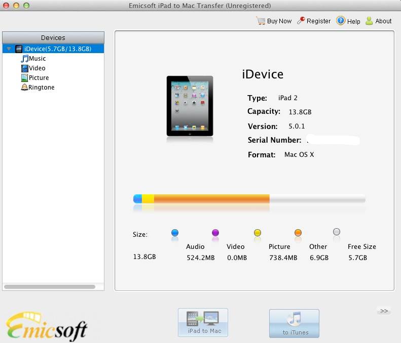 Emicsoft iPad to Mac Transfer 3.2 : Main window
