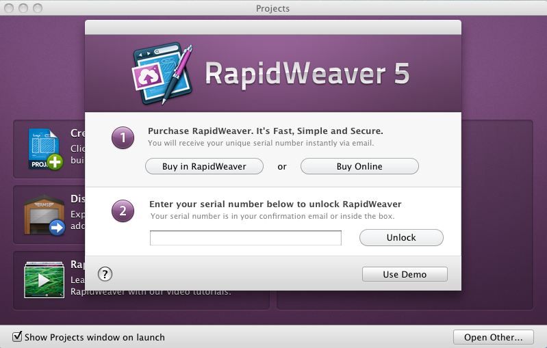RapidWeaver 5.0 : Welcome Screen