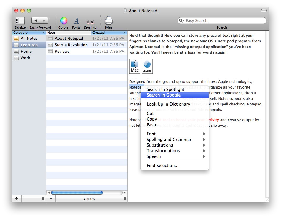 Mac Notepad 9.3 : User interface