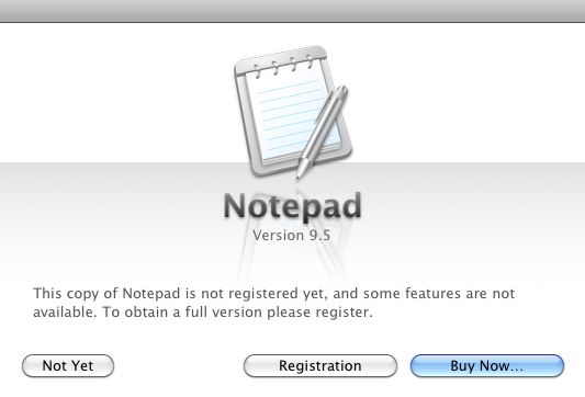 Mac Notepad 9.5 : Registration Screen