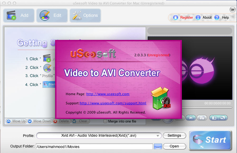 uSeesoft Video to AVI Converter 2.0 : Main Window
