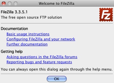FileZilla 3.3 : Welcome screen