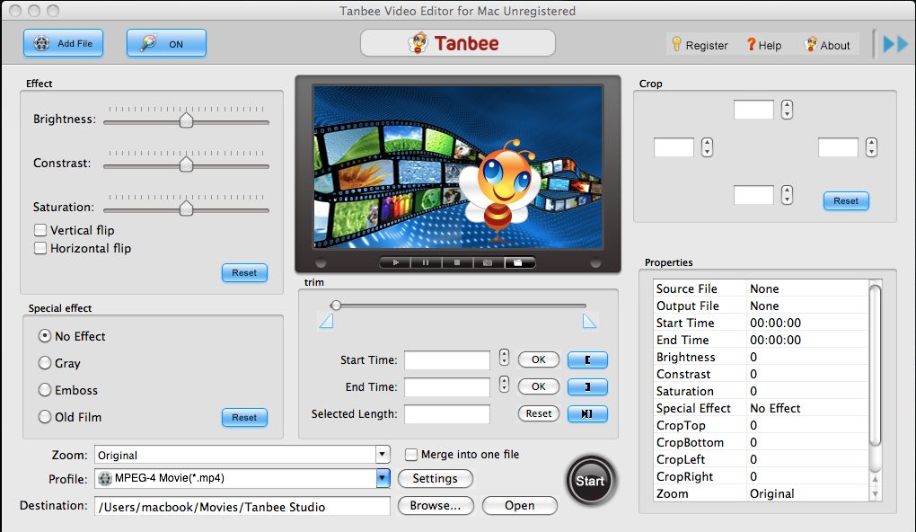 Tanbee Video Editor for Mac 2.3 : Main window