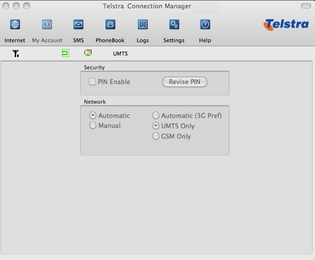 Telstra Connection Manager 1.5 : Main window